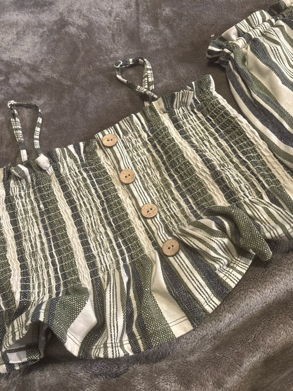 Striped Smocked Crop Top and Short with Buttons - Olive Green stretchy fabric